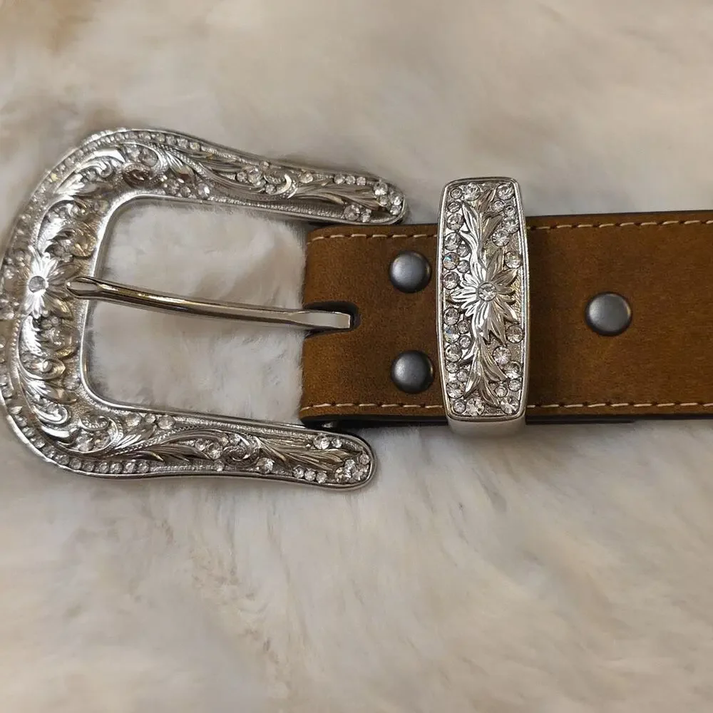 Ariat Genuine Leather Brown Embroidered Flowers Rhinestone Conches Belt Womens L